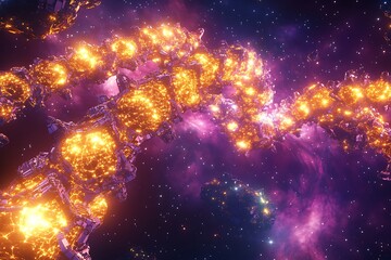 Wall Mural - Glowing space station in purple nebula with bright orange lights