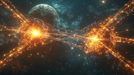 Wall Mural - Two glowing orbs connected by lines in a starry space background
