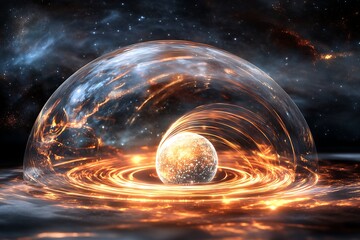Wall Mural - Glowing planet surrounded by energy shield and cosmic background