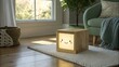 © RSABDURROUF - A cute wooden cube lamp with a smiling face glows warmly on a white rug in a cozy living room, near a window.