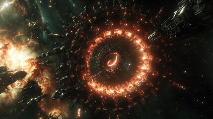 Wall Mural - Futuristic space station with glowing portal in outer space view