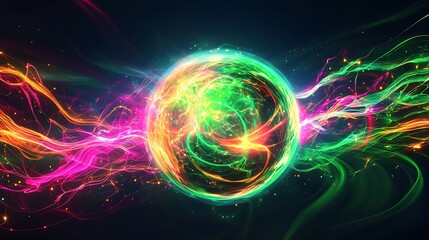 Wall Mural - glowing orb with colorful energy streams against dark background