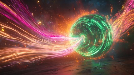 Wall Mural - A vibrant green sphere surrounded by colorful flowing energy beams