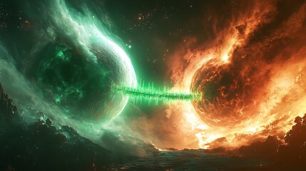 Wall Mural - Two planets connected by a green bridge in a nebula landscape