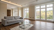 © Hanna - Bright and open living room featuring a comfortable gray sofa, a coffee table, and large windows that offer a beautiful view of the surrounding greenery, creating a tranquil atmosphere.