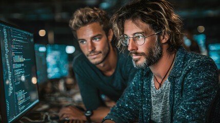 Software developer and a man at computer for coding cript or cyber security inoffice.