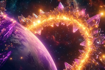 Wall Mural - Planet view with crystal ring and cosmic background in space scene