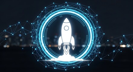 White rocket ascends surrounded by a luminous blue network on a dark background