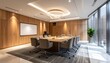 © Maulani - Modern and elegant conference room with a large wooden table, comfortable chairs, and a projector screen, featuring warm lighting and large windows.