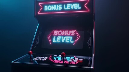 Retro arcade game machine with neon 'Bonus Level' sign.