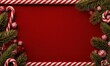 © li - christmas background with a red color scheme and decorations, a candy cane border on the left side, space for text in the center, pine branches and ornaments on the right edge.