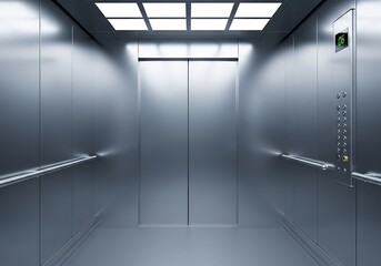 Modern elevator cabin interior with metallic walls, illuminated ceiling, and a control panel with buttons, conveying a sense of clean technology