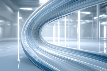 Wall Mural - Abstract light blue curved design element in a clean, modern, minimalist interior space, offering a futuristic and visually appealing aesthetic concept.