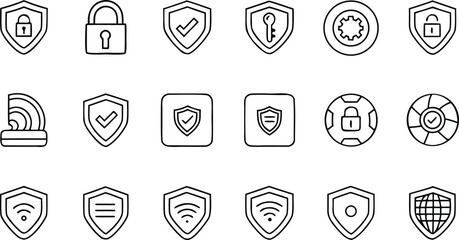 Set of security icons in line style includes shield, lock, key, wifi, and other protection symbols for website and app design