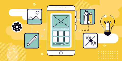 Mobile app design process concept with icons for idea generation and development