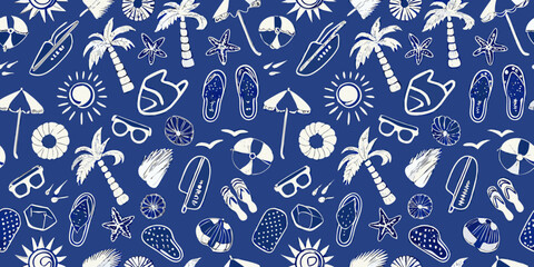 Seamless hand drawn pattern of beach vacation icons on a dark blue background