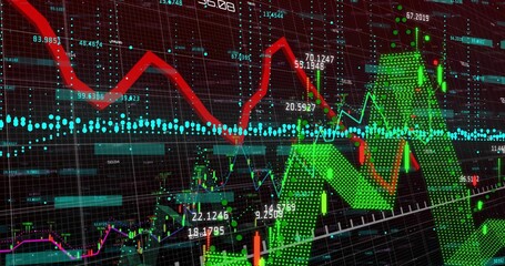 Wall Mural - Showing chart on screen with red trend line, green zigzag arrows, blue reference line, bars