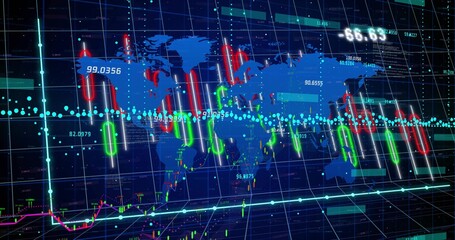Wall Mural - Blue map showing red and green candlestick bars in trading dashboard, with turquoise trend line