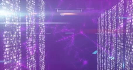 Wall Mural - digital data visualization presenting cascading binary panels in data corridor, with glowing nodes