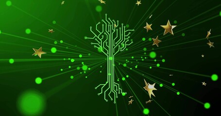Wall Mural - radiating green circuit-tree shape glowing in virtual environment, with gold stars and glowing orbs