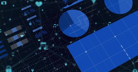 Wall Mural - rendering interface in dark grid, showing blue charts, blue block, 45%, 1%, 68% labels and icons