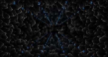 Wall Mural - swirling vortex streaming blue digits inside data-space tunnel, with white wireframe mesh walls