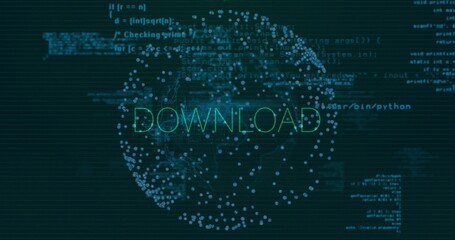 Wall Mural - displaying spherical network with glowing blue nodes in app dashboard, with download text and code