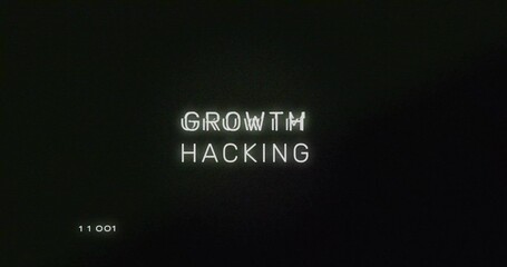 Wall Mural - Displaying glitch-style text GROWTH HACKING flickering on digital screen, with code 11 001