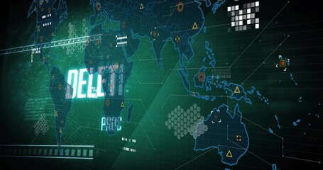 Wall Mural - world map glowing in neon grid interface, with hexagonal clusters, circular nodes and alert icons