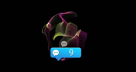 Wall Mural - floating blue chat bubble glowing above multicolored neon wave in dark ui, with dotted curves