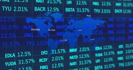 Wall Mural - Showing world map overlay on financial analytics screen, with ticker symbols and percentage figures