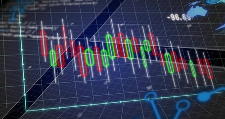 Wall Mural - Displaying red and green candlestick bars fluctuating on dark blue grid plane, with turquoise axes