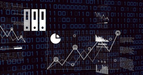 Wall Mural - White line graph rising in interface, with binder icons, charts and code over binary background