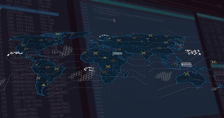 Wall Mural - displaying map overlay on digital dashboard, with hex grids, alert and node icons and code streams