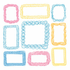 Crayon drawn doodle frame set. Rectangle shapes with wavy decorative lines. Whimsical frames in elegant coquette style.