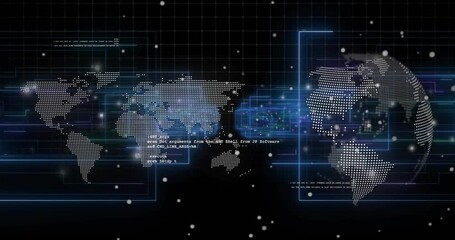 Wall Mural - Upon dotted map and rotating globe appearance, code scrolling, particles drifting showing data flow
