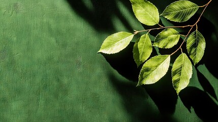 a green wall with a tree branch in the foreground and a leaf shadow