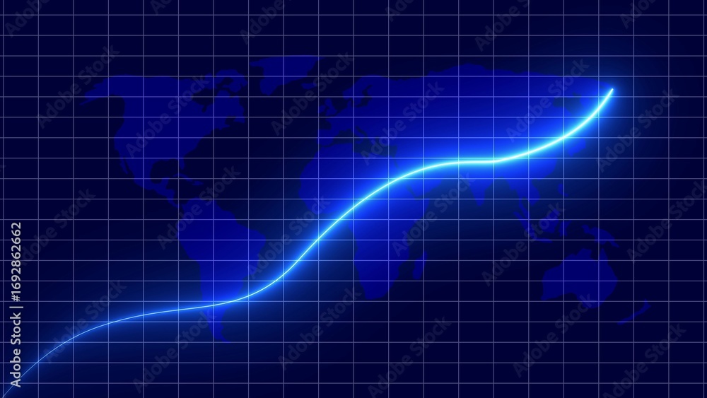Blue neon graph line ascending over world map grid background chart ...