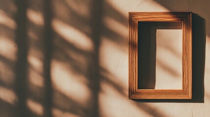 Close-up empty wooden frame on warm neutral textured wall, soft diffused light and natural shadows for home decor editorial