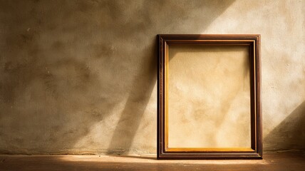 Editorial interior photography of empty wooden frame on rustic wall, soft diffused light and subtle texture with neutral tones