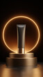 © Liffer - Sleek black tube stands prominently circular pedestal, illuminated by warm golden gradient arc dark setting, creating striking visual contrast. elegant design evokes sense of luxury