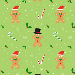 Wall Mural - Christmas seamless pattern.Repeat pattern with gingerbread man, candy canes, holly leaves and snowflakes isolated on green background.Vector graphic illustration wallpaper.