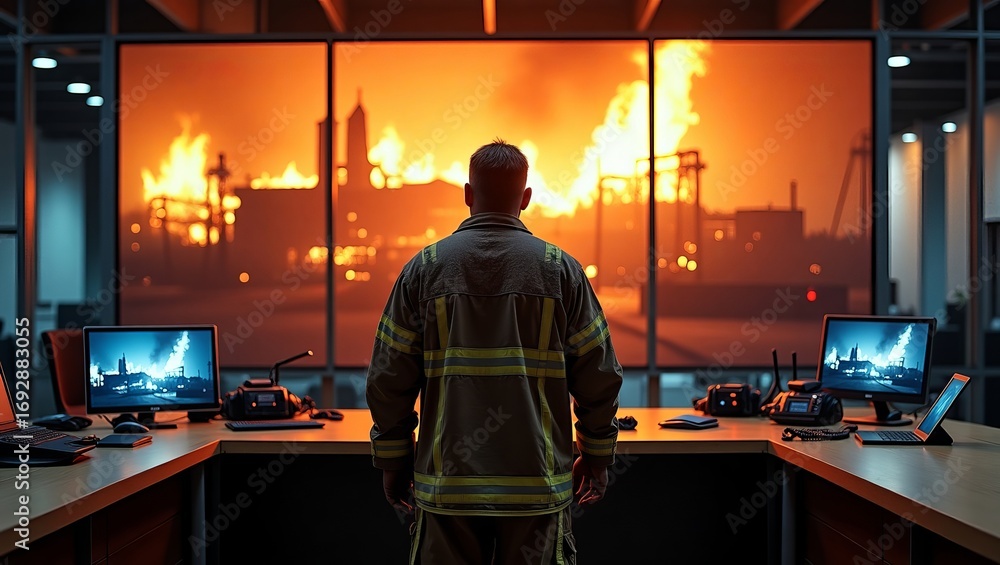 Firefighter watches massive industrial fire blaze on large screen ...