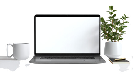 Laptop computer screen mockup with workspace scene isolated on transparent background 