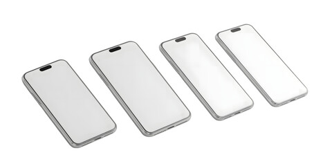 Smartphone array: A set of four sleek smartphones arranged diagonally, displaying clean screen for interface or mockup presentation, emphasizing modern technology and digital communication.