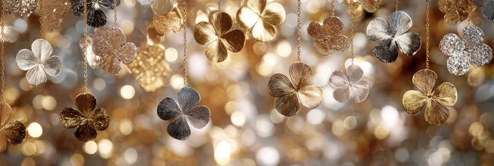 Delicate, golden, and metallic flower-shaped ornaments hang, creating a soft, warm bokeh effect