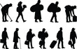 © Shafik Creatives - Silhouette people, walking with bags, carrying flowers, suitcase, cane, briefcase, travel poses, urban lifestyle, vector illustration, black figures, motion