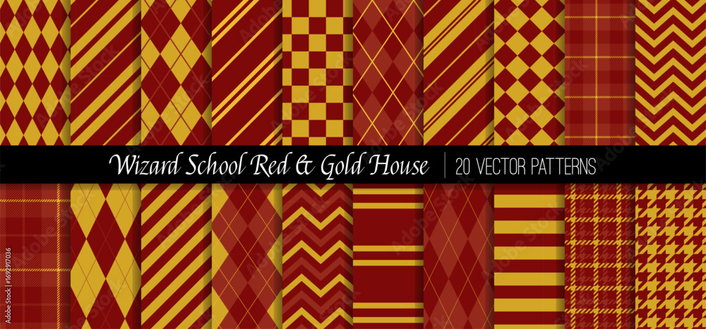 Wizard School Scarlet Red and Gold House Vector Patterns. Preppy Argyle ...