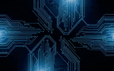 Abstract digital circuit board with glowing blue lines on a dark background, representing technology and data flow