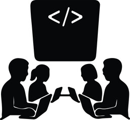 Silhouette group of developers coding on laptops vector illustrator